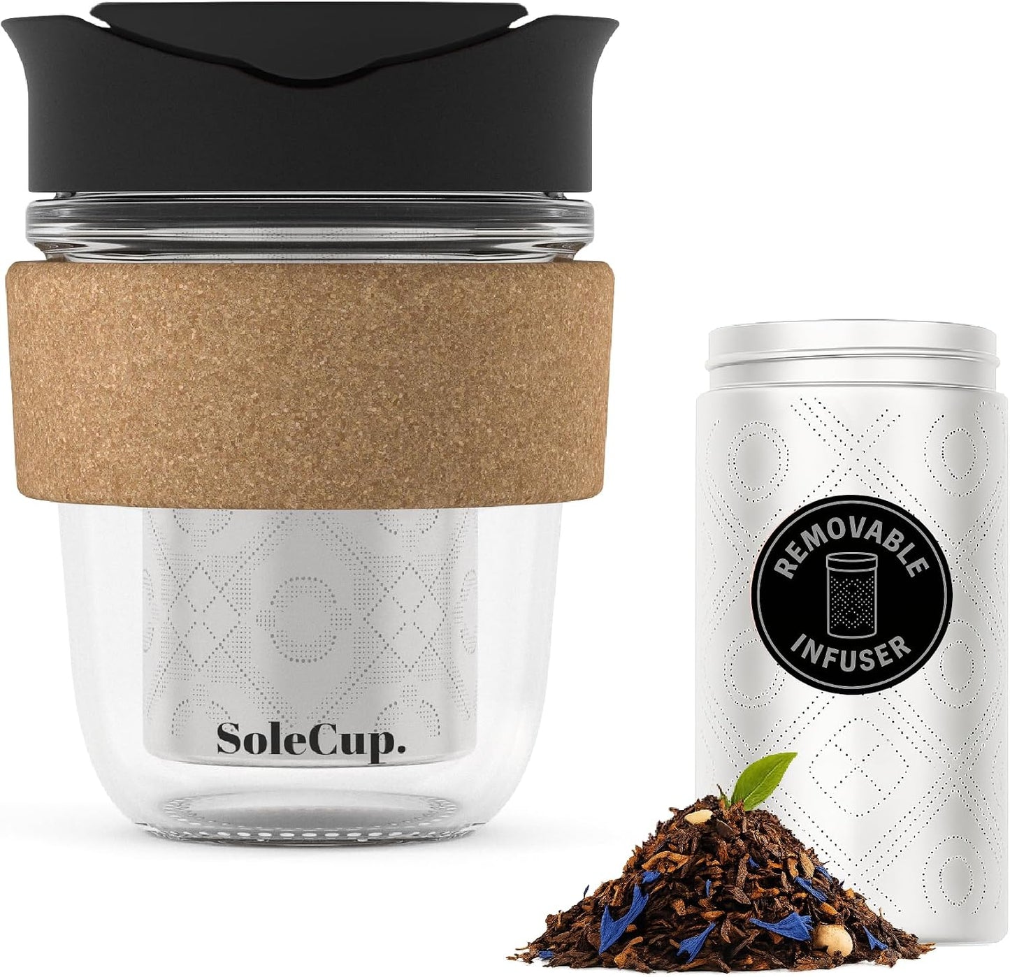 Large Travel Mug Loose Tea Infuser - Detachable Tea Strainer with Spill Proof Lid - 18oz/530ml BPA-Free Reusable Glass Travel Coffee Cup with Cork Band (Pink, 18oz)