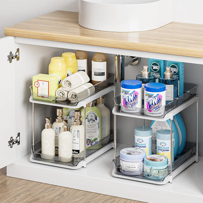 Delamu 2-Tier Multi-Purpose Bathroom Under Sink Organizers and Storage, Stackable Kitchen Pantry Organization, Pull Out Medicine Cabinet Organizer with Movable Dividers, White, 2 Pack