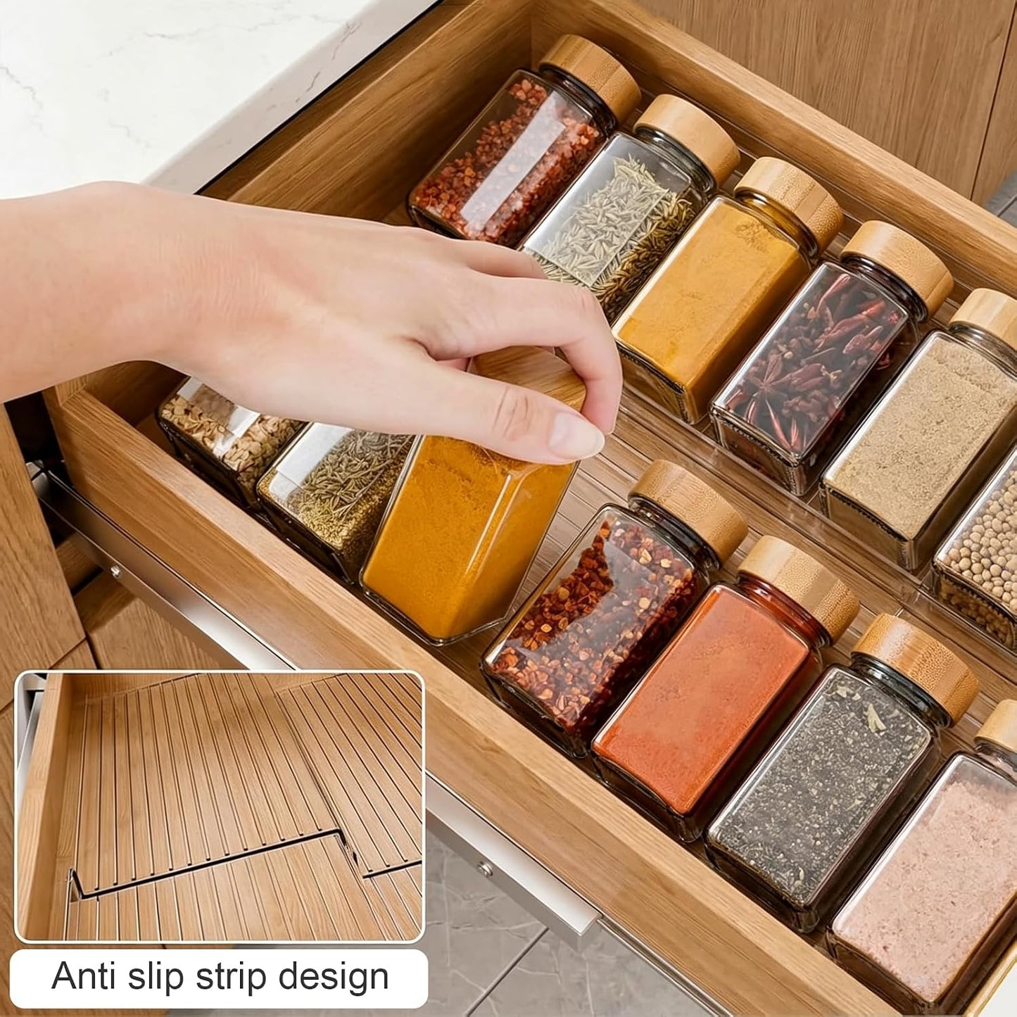 16 Pack Acrylic Drawer Seasoning Organizer, Expandable From 11''-22'' | Tiered Clear Spice Tray, Adjustable In Drawer Spice Organizer for Spices, Condiment, Nail Polish and Jar Organization