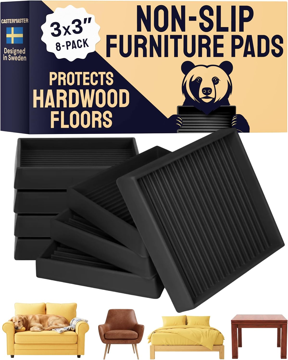 Non-Slip Furniture Pads - 4x4 in Brown, 4 Pack | Square rubber caster cups - anti-skid - Use for heavy sofas, beds & chairs on hardwood floors