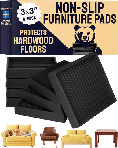 Non-Slip Furniture Pads - 4x4 in Brown, 4 Pack | Square rubber caster cups - anti-skid - Use for heavy sofas, beds & chairs on hardwood floors