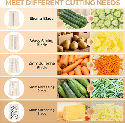 SUSTEAS Rotary Cheese Grater 5 Blades,Kitchen Mandoline Vegetable Slicer | White, Easy to Clean, Strong Suction Base, 5 Blades Storage Box, Round Mandoline Slicer & Food Chopper for Salad