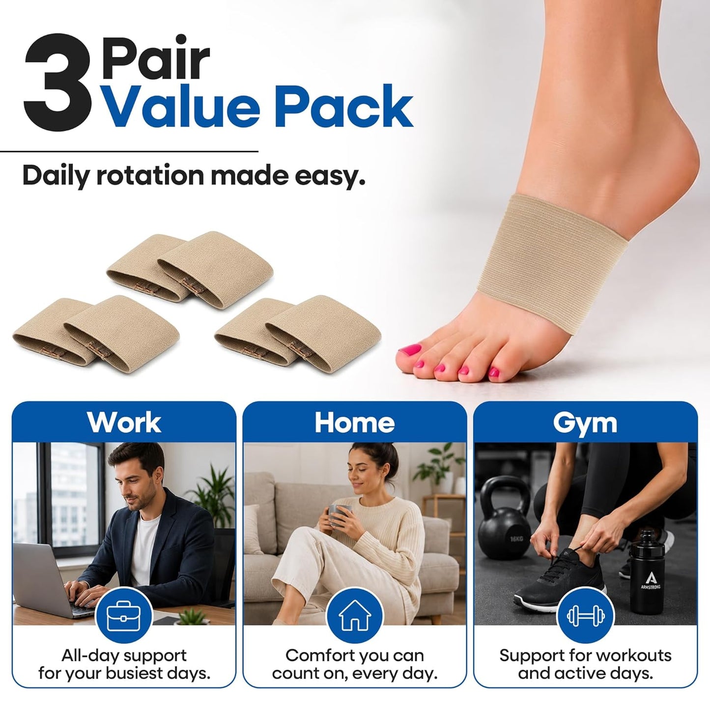 Arch Supports for Plantar Fasciitis Relief - Compression Sleeve & Foot Brace For Heel Pain, Bone Spurs, Flat Feet, High Arches - Copper Infused Arch Support Bands for Women & Men Over Socks - One Size - Beige - 3-PACK