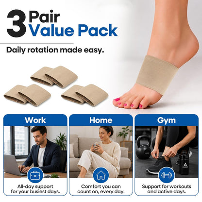 Arch Supports for Plantar Fasciitis Relief - Compression Sleeve & Foot Brace For Heel Pain, Bone Spurs, Flat Feet, High Arches - Copper Infused Arch Support Bands for Women & Men Over Socks - One Size - Beige - 3-PACK
