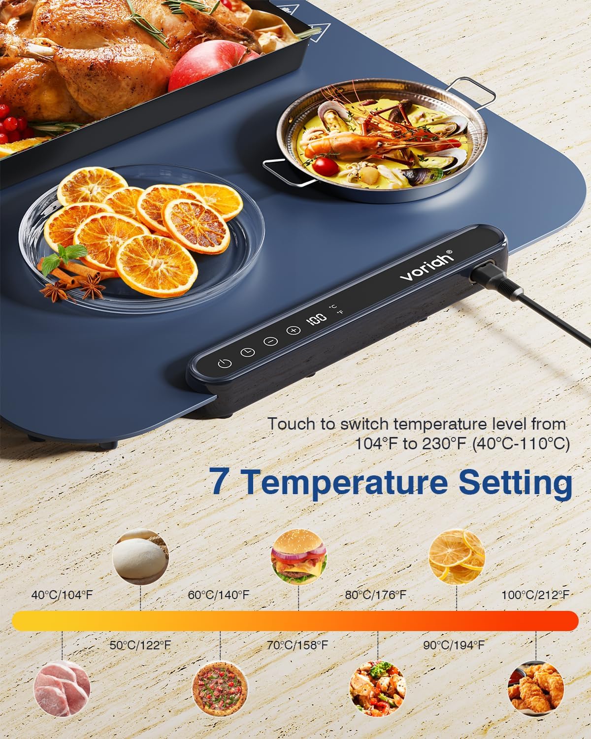 Warming Mat for Food, Voriah Electric Warming Tray with 3 Temp Settings & Auto Shut-Off, Food Warmer with Thick Silicone Surface to Keep Food Warm at Buffet, Parties, and Family Use（Dark Blue）