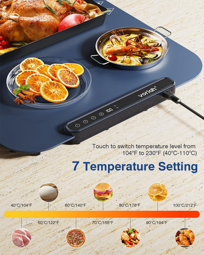 Warming Mat for Food, Voriah Electric Warming Tray with 3 Temp Settings & Auto Shut-Off, Food Warmer with Thick Silicone Surface to Keep Food Warm at Buffet, Parties, and Family Use（Dark Blue）