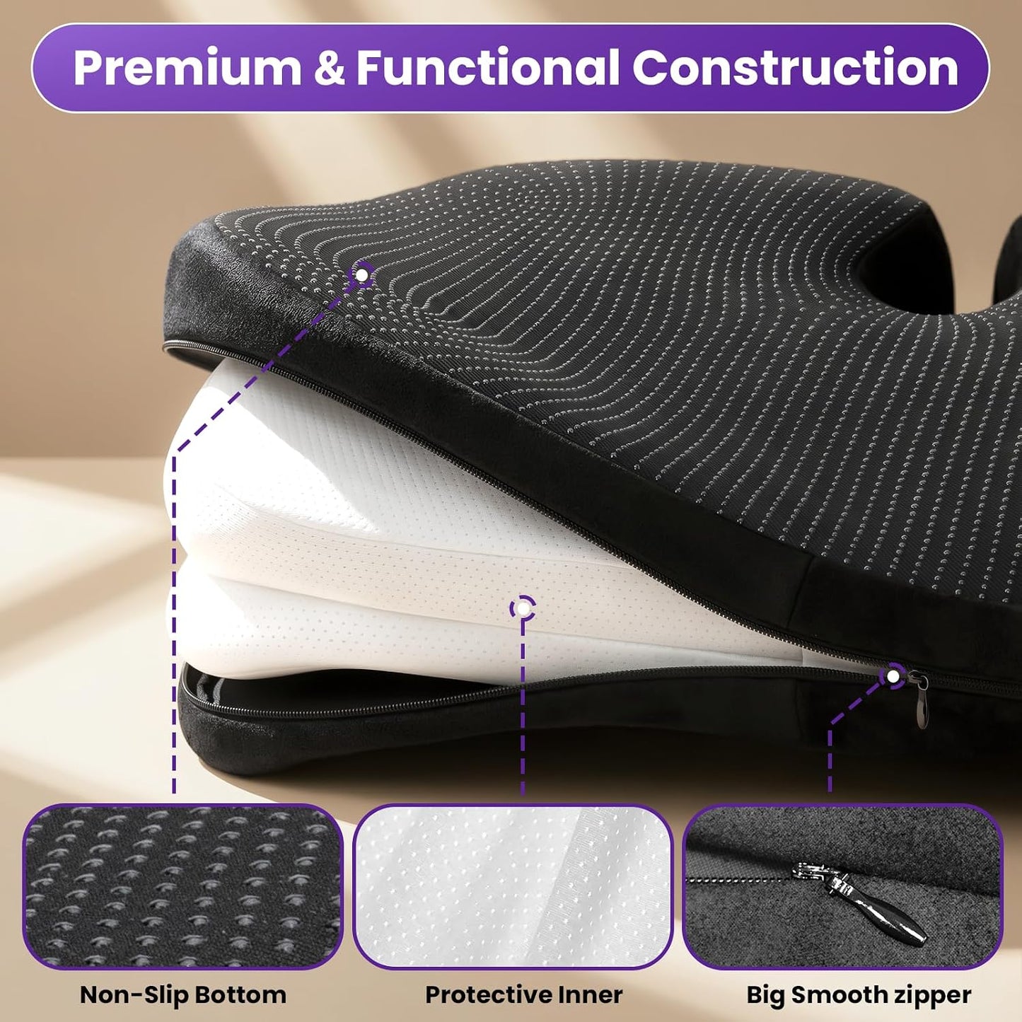 ZZ-WELL Seat Cushions for Office Chairs, Coccyx Cushion for Tailbone Pain, Memory Foam Butt Pillows for Computer Gaming Chair, Patented Pressure Relief Design Chair Cushion (Light Grey, XX-Large)