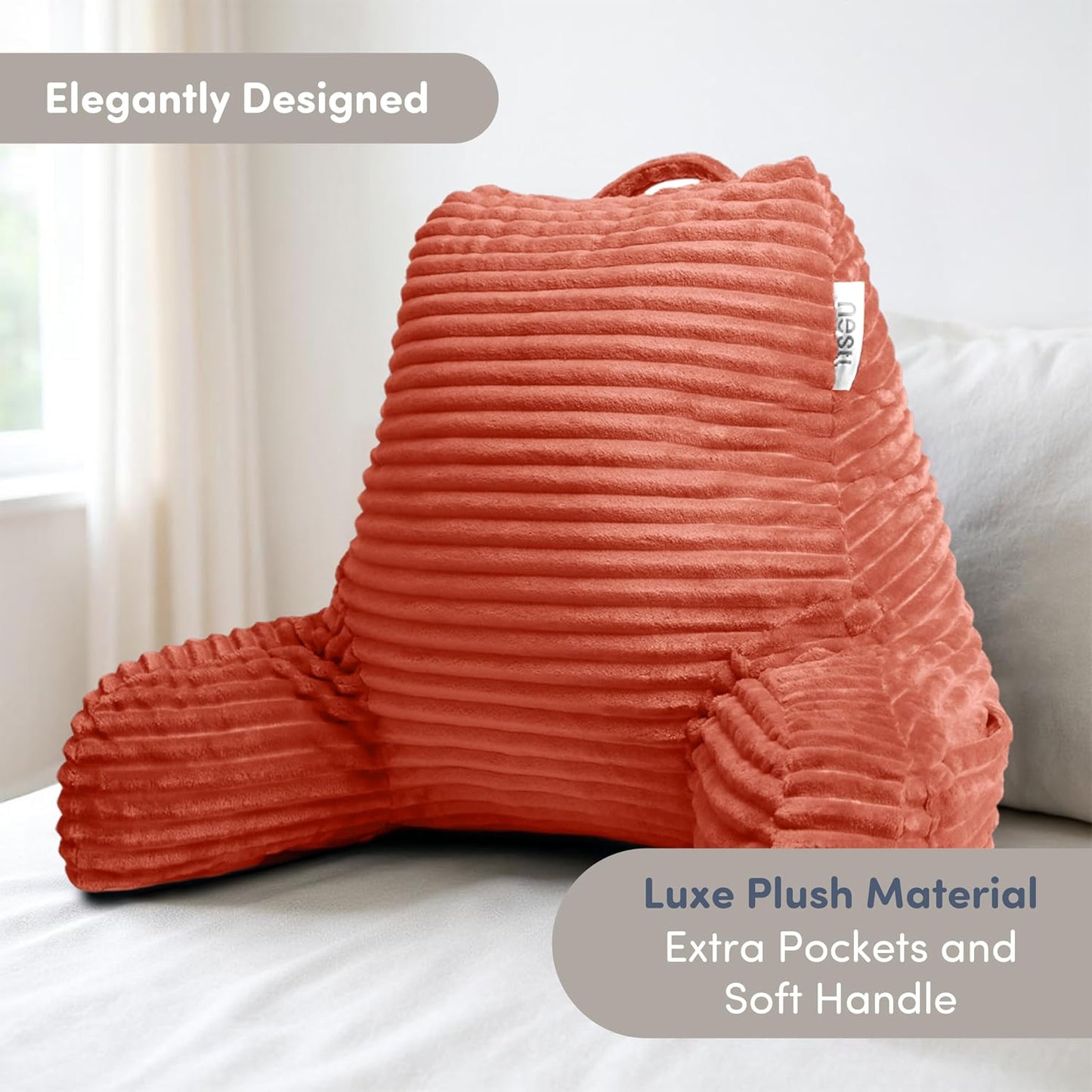 Nestl Reading Pillow with Shredded Memory Foam, Luxe Cut Plush Back Pillow for Sitting Up in Bed, Back and Arms Adjustable Support for Adult & Teens, Backrest Pillows with Washable Cover Dark Grey