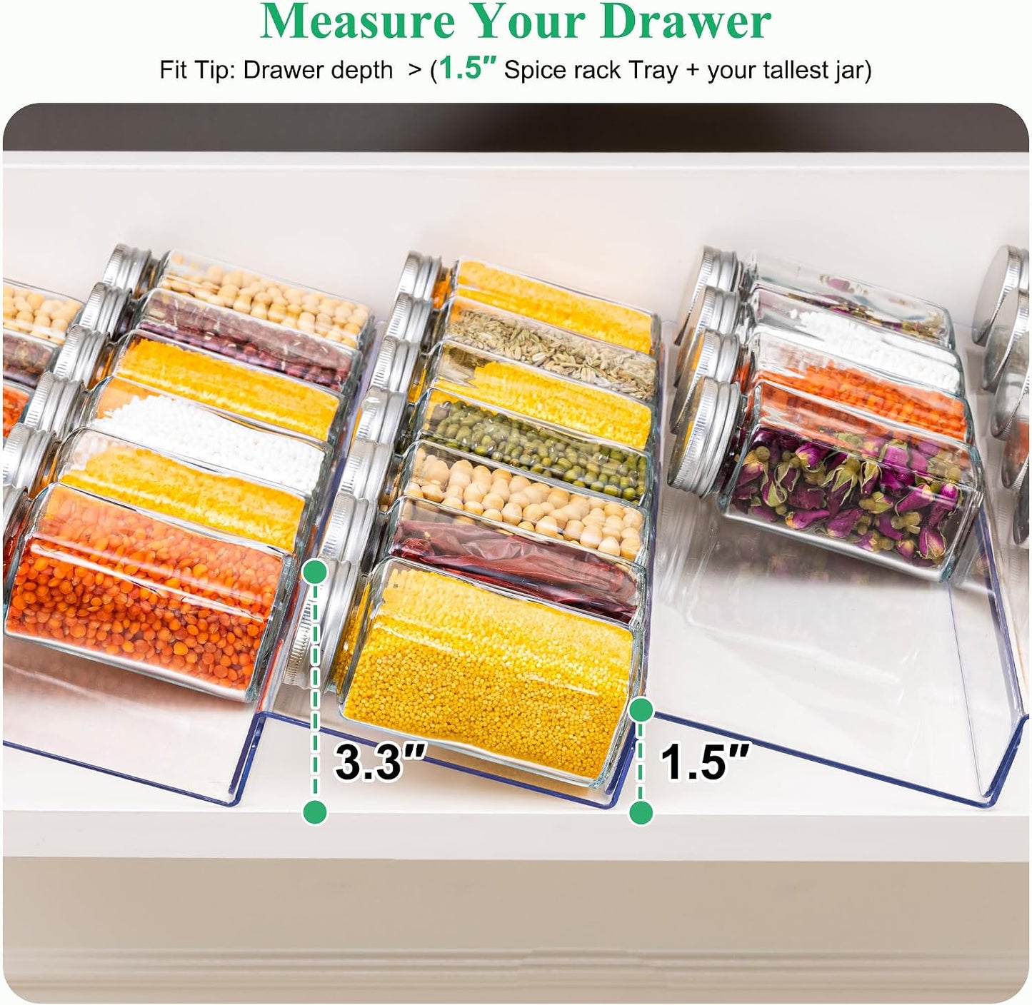Imncya 8 Pack Spice Rack for Kitchen Drawer, Spice Drawer Organizer | Spice Storage, Expandable From 13" to 26", Spice Rack Tray for Cabinet, Countertop (Clear Acrylic, Jars not included)