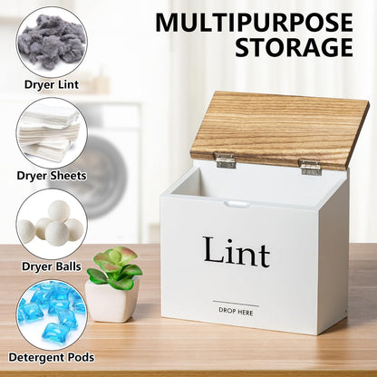 Magnetic Lint Bin for Laundry Room, Compact Size | Wooden Dryer Lint Bin with Lid - Rustic Lint Box, Magnetic Bin - Modern Farmhouse Laundry Room Decor, Black with Torched Lid