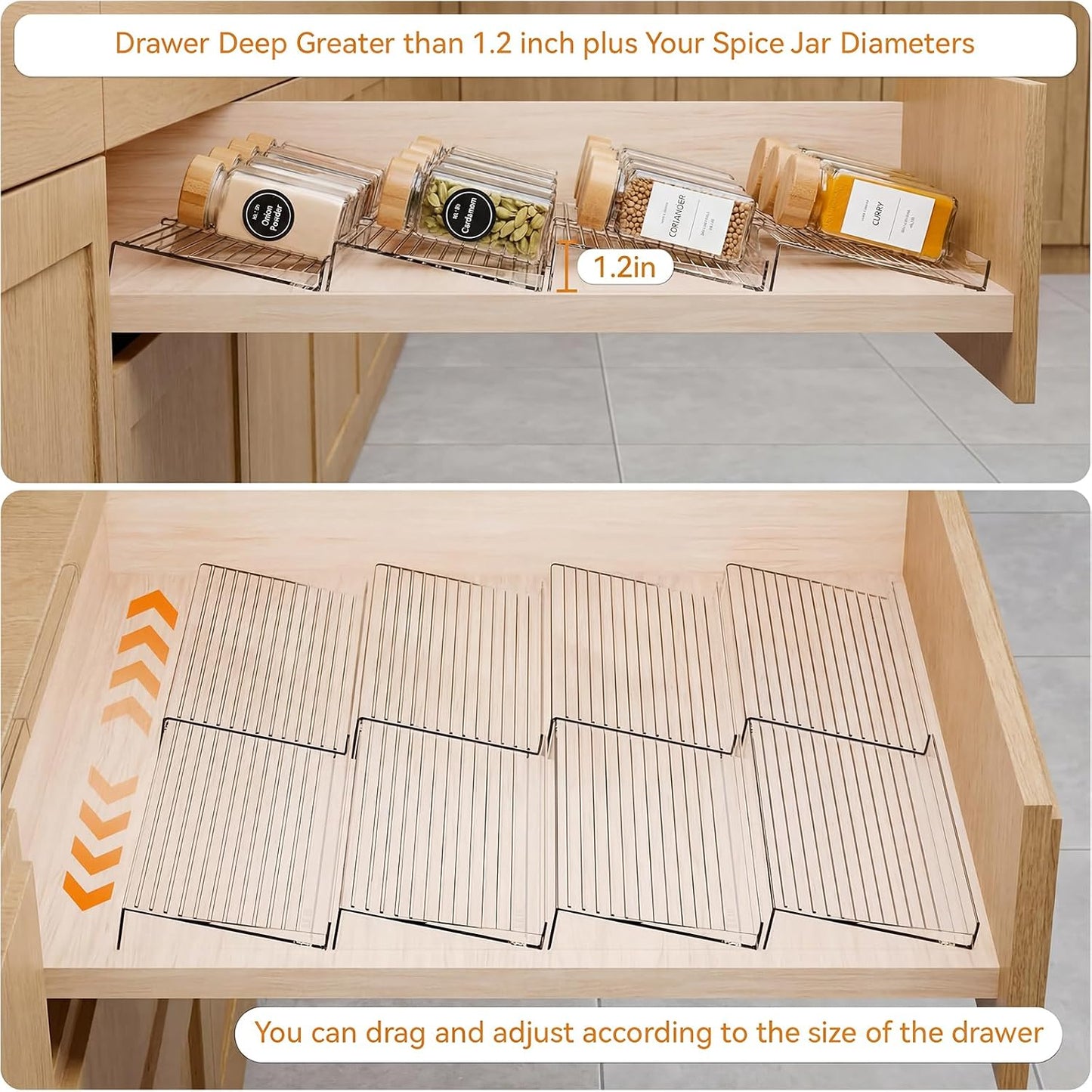8 Pack Adjustable Spice Rack for Drawer- Expandable From 11" to 22" Expandable Spice Drawer Organizer 4 Tiers Acrylic Seasoning Organizer Rack,Clear Spice Rack Tray for Spices,Condiment (8)