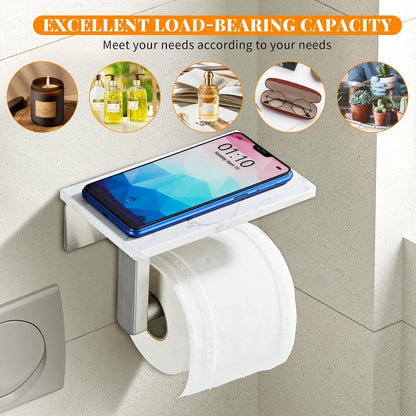 Brushed Nickel Toilet Paper Holder with Marble-Look Shelf, Wall Mounted SUS304 Stainless Steel Toilet Roll Holder with Phone Storage
