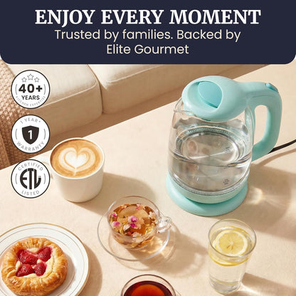 Elite Gourmet EKT1792M 1.7L Glass Kettle, Blue LED, Rapid Boil, 7.2 Cups | Auto Shut-Off, Boil-Dry Protection, 360° Cordless Base, Hot Water for Tea, Coffee & Oatmeal