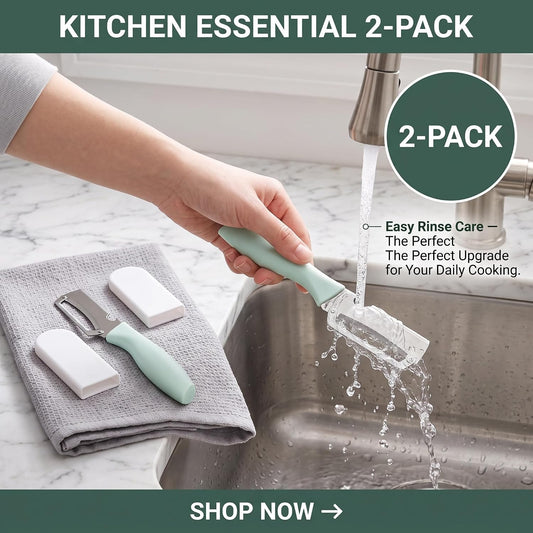 Vegetable Peeler 2 Pack, 3-in-1 Stainless Steel Tool for Kitchen | Fruit peeler and bottle opener with protective covers for drawers, camping, BBQs and RV meal prep