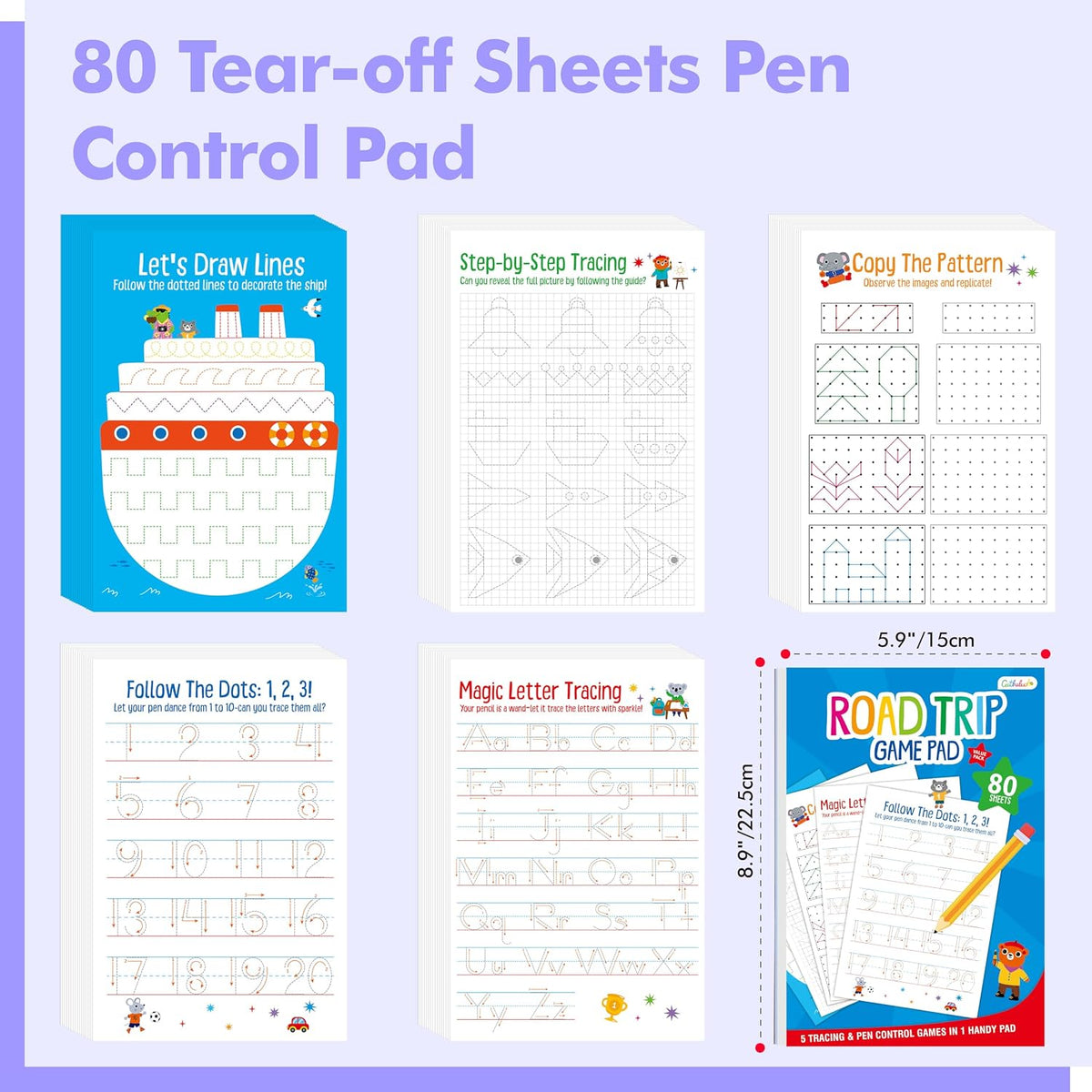 Road Trip Game Pad, 80 Perforated Sheets Travel Activity Pad, 5 Games in 1 Pad, Plane, Car Trip Activity, Pen Pencil & Paper Game for Kids, Adults (6” x 9”)