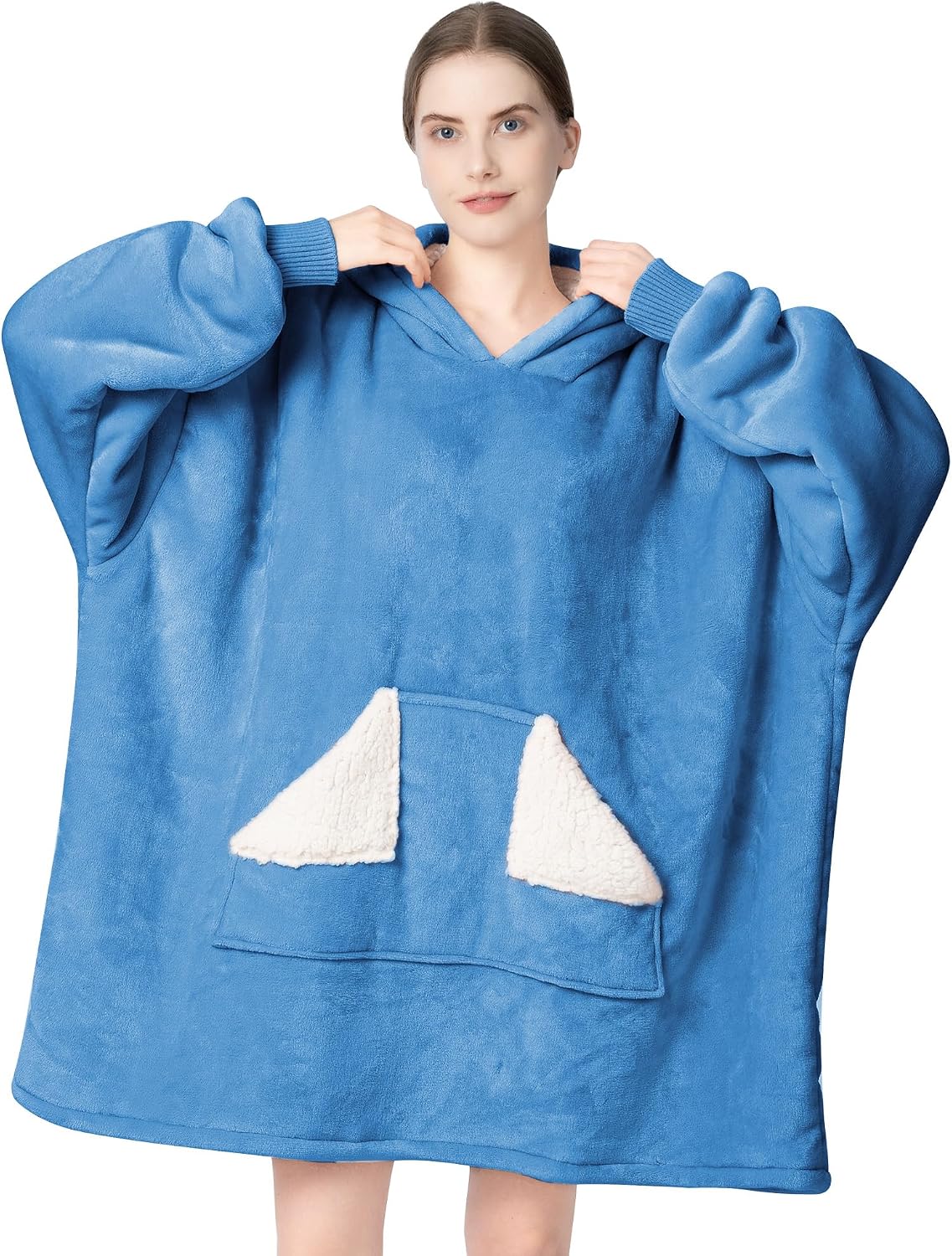 Wearable Blanket Hoodie, Oversized Sherpa Fleece Sweatshirt Blanket with Giant Hood Pocket and Sleeves for Adult, Warm & Cozy Grey Blanket Gifts for Women