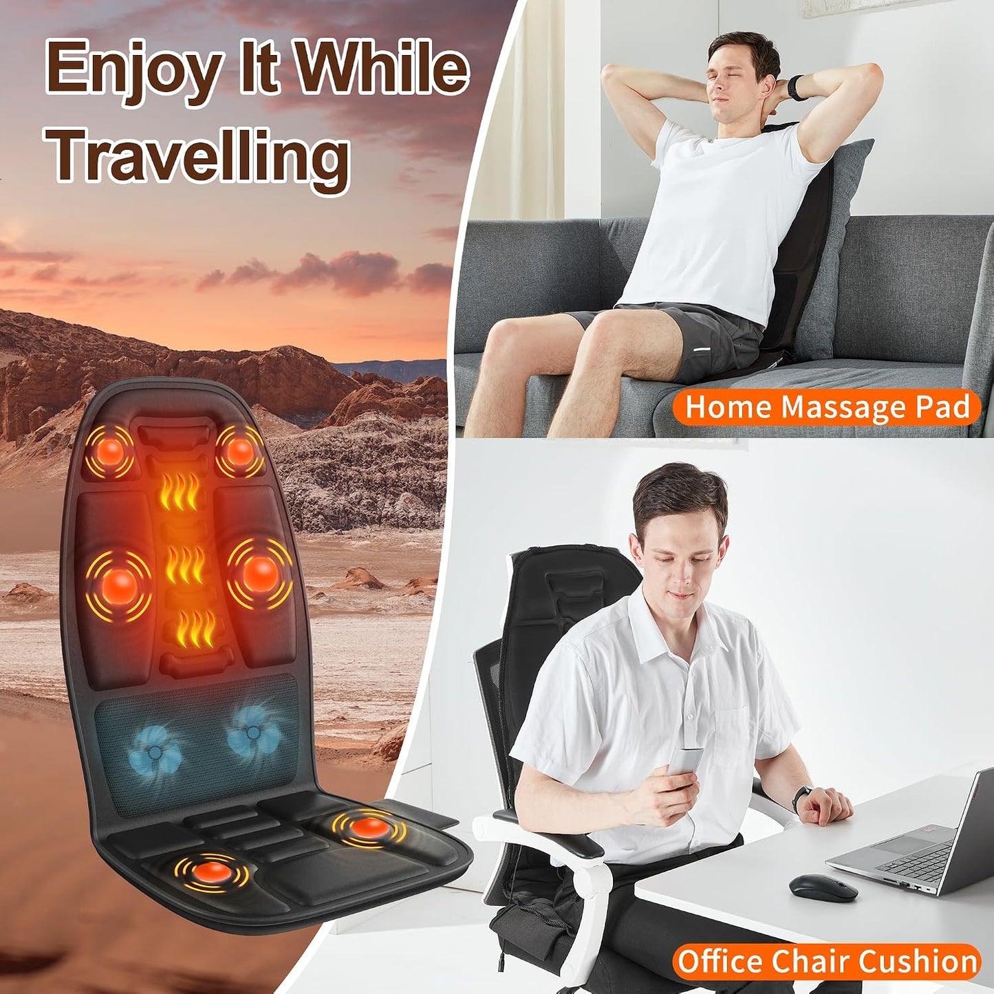 Massage Seat Cushion with Heat, 6-Motor Vibration Back Massager for Chair, Chair Massager Pad with 4 Modes & 3 Intensities for Office Chair, Sofa and Recliner