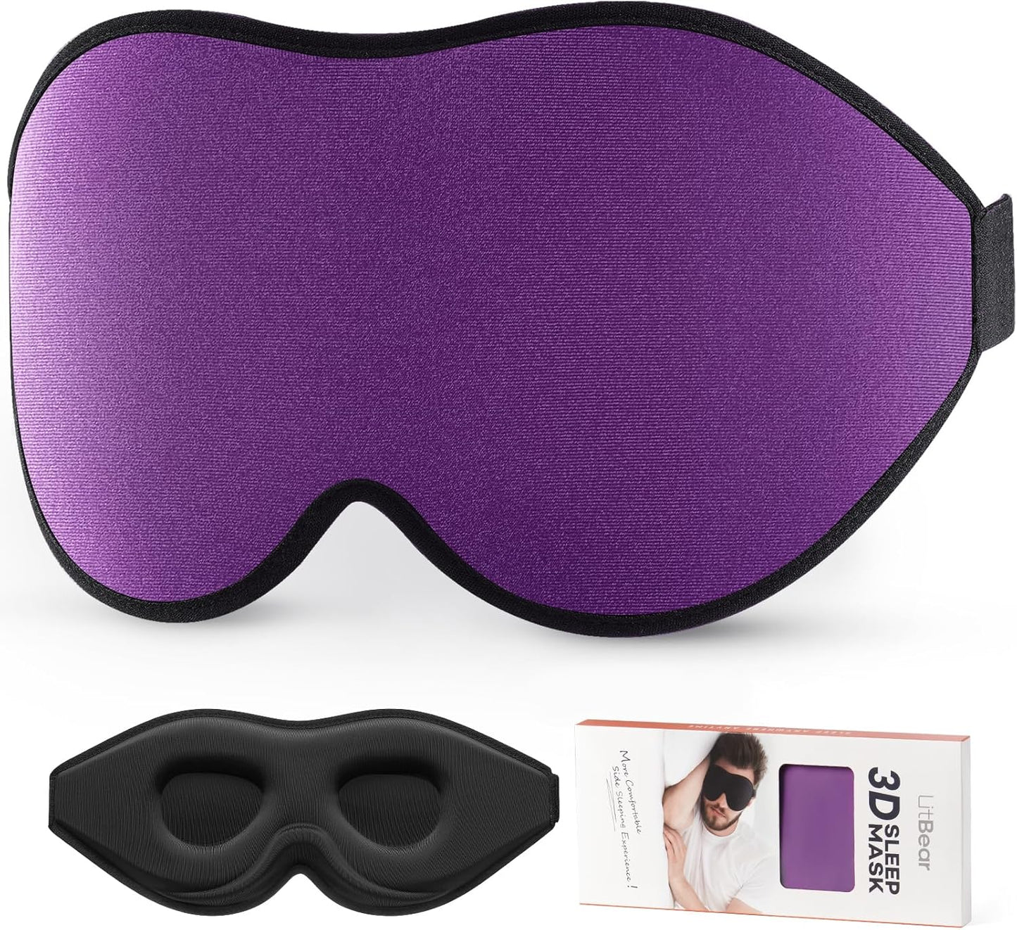 LitBear Sleep Mask for Side Sleeper Women Men, Eye Mask for Sleeping | Light Blocking 3D Contoured Sleeping Mask, Soft Breathable Sleep Eye Mask with Adjustable Elastic Strap for Travel, Black