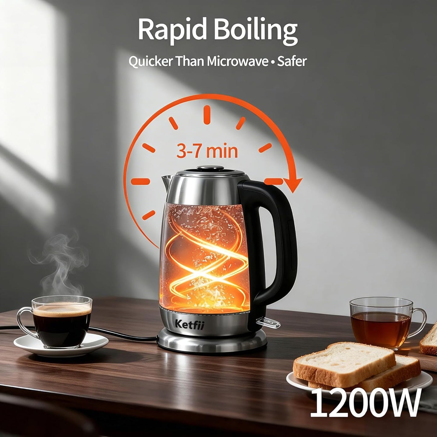 Electric Kettle 1.8 L, Stainless Steel & Glass, No Plastic, Fast Boiling | Coffee Tea Hot Water Boiler 1200W, Auto Shut Off, Boil-Dry Protection, BPA-Free, Borosilicate Glass, Removable Lid, LED Light