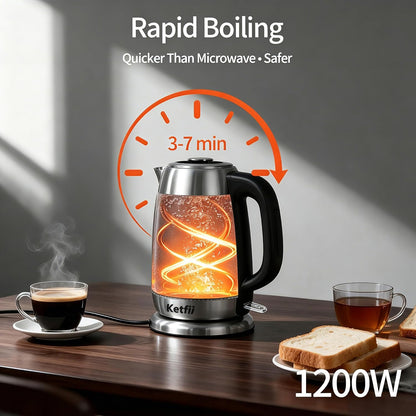 Electric Kettle 1.8 L, Stainless Steel & Glass, No Plastic, Fast Boiling | Coffee Tea Hot Water Boiler 1200W, Auto Shut Off, Boil-Dry Protection, BPA-Free, Borosilicate Glass, Removable Lid, LED Light