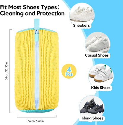 Shoe Washing Machine Bag, 4 Pcs Shoe Laundry Bag for Sneacker | With 4 Boot Stretcher (L 6-12.5 & S 5-10.5), Reusable,Durable Zipper,360°Deep Cleaning, Fit Most Shoes Types