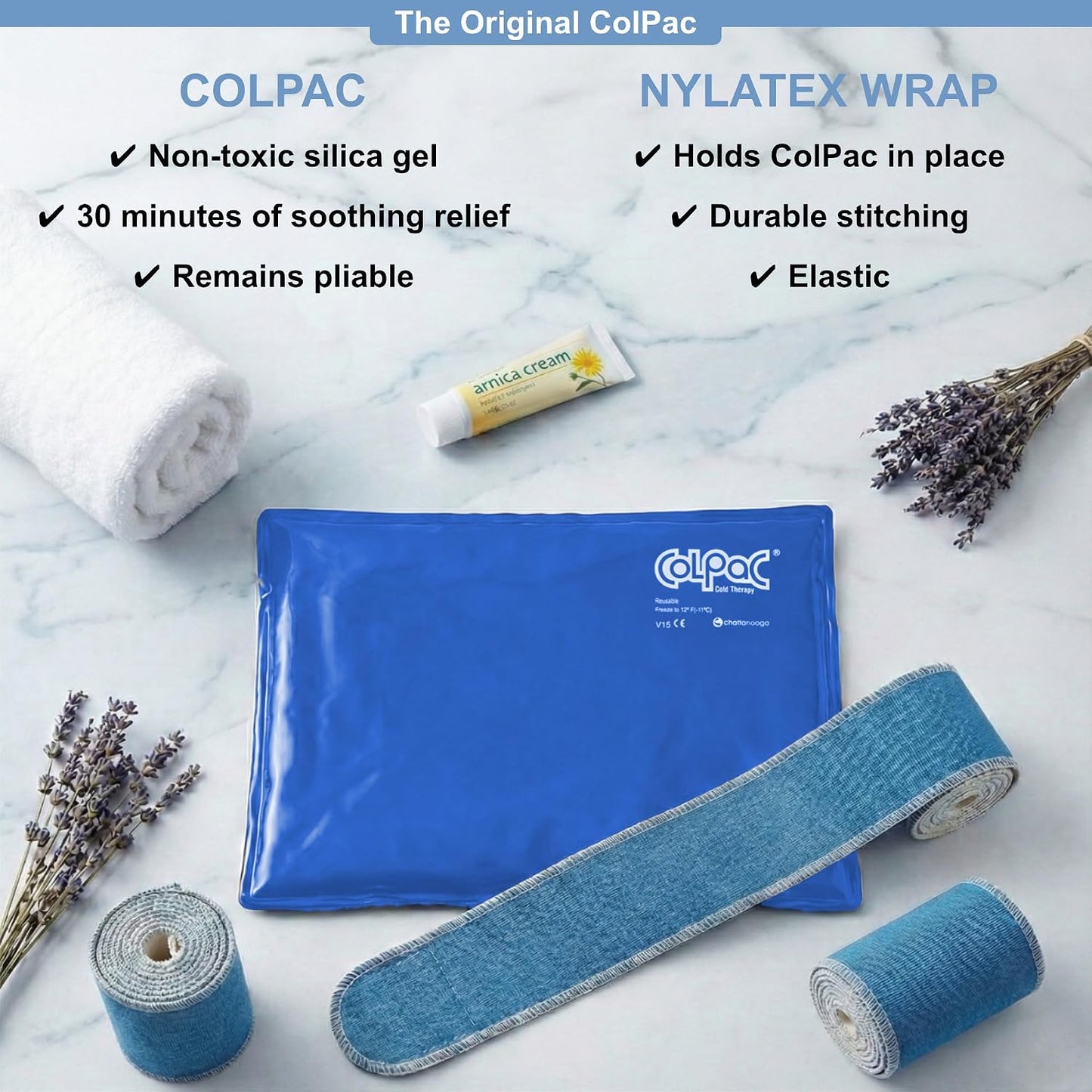 Chattanooga ColPac, Reusable Gel Ice Pack, Cold Therapy for Neck, Shoulder, Upper Back for Headaches, Inflammation, 23" Neck Contour, Blue Vinyl, with a Lumintrail Drawstring Bag