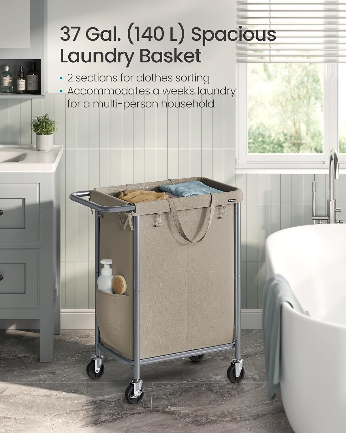 SONGMICS Laundry Basket with Wheels, 4-Section Rolling Laundry Hamper, 68.6 Gallons (260 L), Removable Liner, Steel Frame with Handle, 43.3 x 15.4 x 31.9 Inches, Cream White URLS014W01