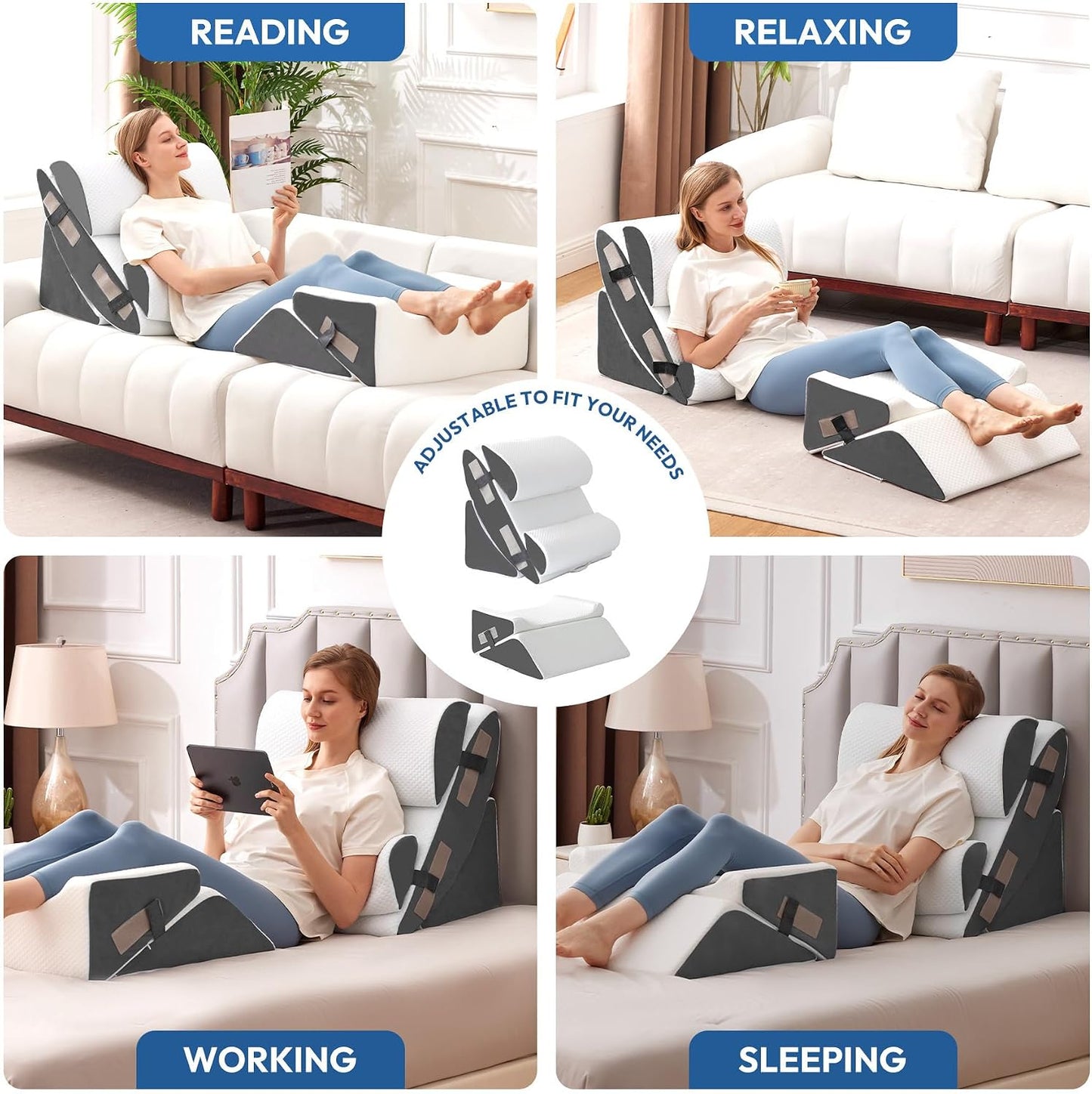 Ahpmeoa 6PCS Wedge Pillow Set for After Surgery, Back Pillow for Bed Sitting Up, Orthopedic Bed Wedge for Body, Leg Pain Relief, Memory Foam Pillow for Post Surgery, Sleeping, Acid Reflux, Plush Grey