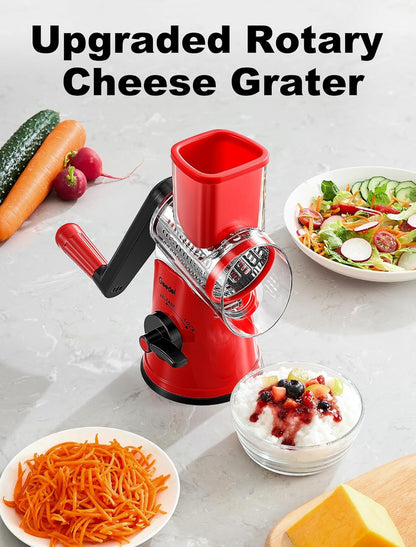 Geedel Rotary Cheese Grater, Kitchen Mandoline Vegetable Slicer with 3 Interchangeable Blades, Easy to Clean Rotary Grater Slicer for Fruit, Vegetables, Nuts | 3 Blades, 430 Stainless Steel, 12x Fast Cutting, Strong Suction Base, No BPA, Dishwasher Safe,