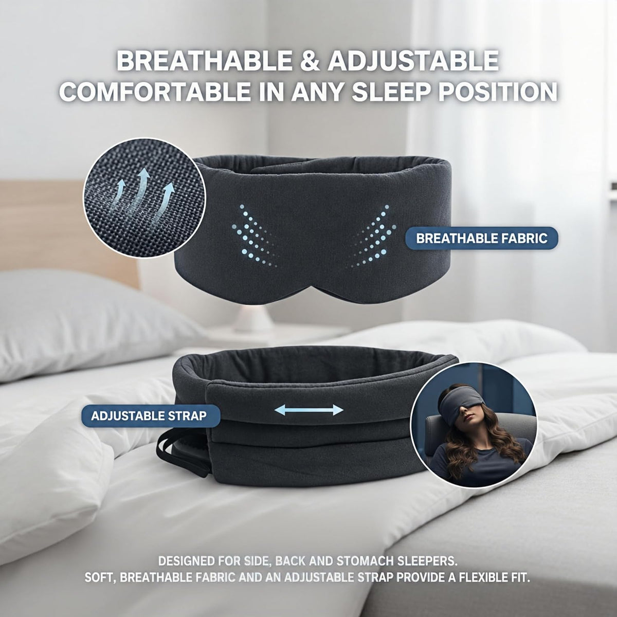 Cotton Sleep Mask for Side Sleepers with Contoured Nose Design, Blackout Eye Mask for Sleeping, Soft Breathable Light Blocking for Men Women, Full Coverage Eye Mask with Ear Covers for Travel