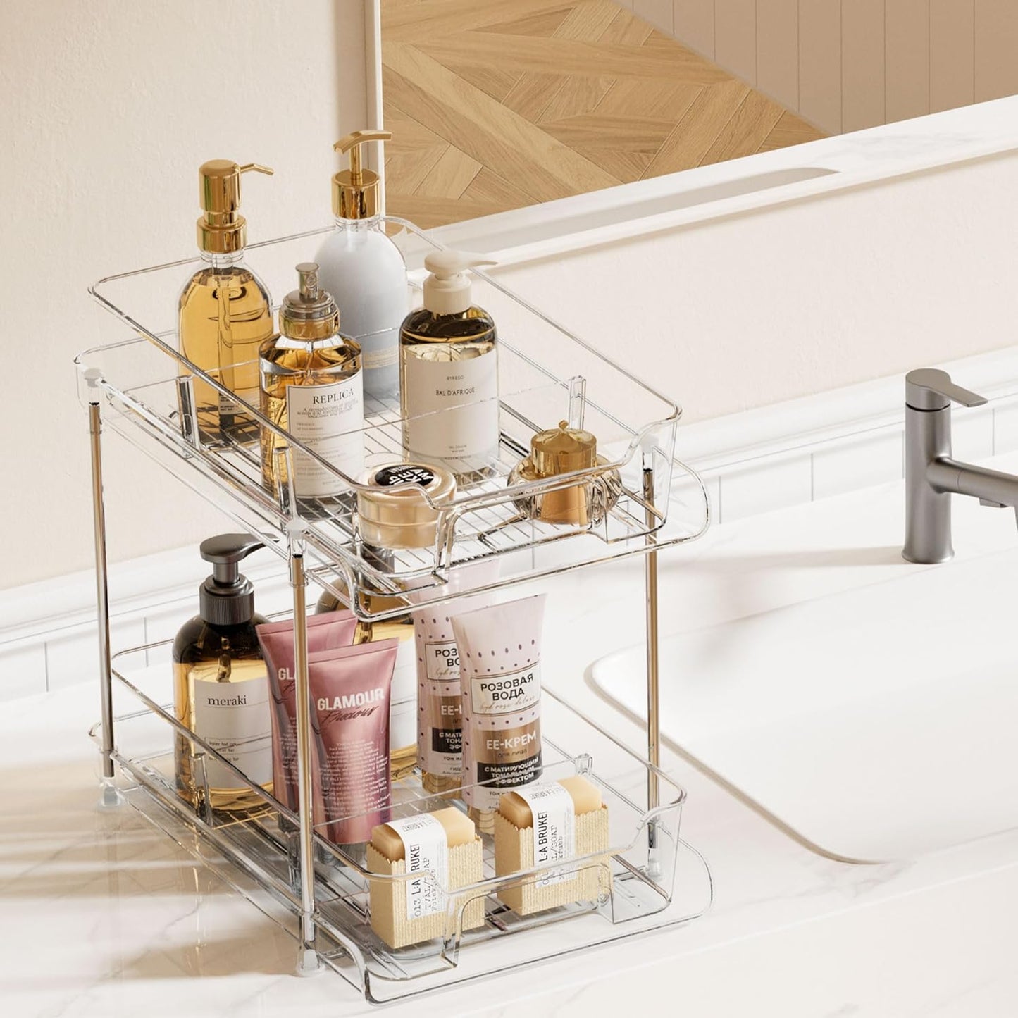 Vtopmart 2 Pack Pull Out Bathroom Under Sink Organizer (S-Standard) | Slide-out drawers, Multi-purpose storage, Clear visibility, Easy Set-up