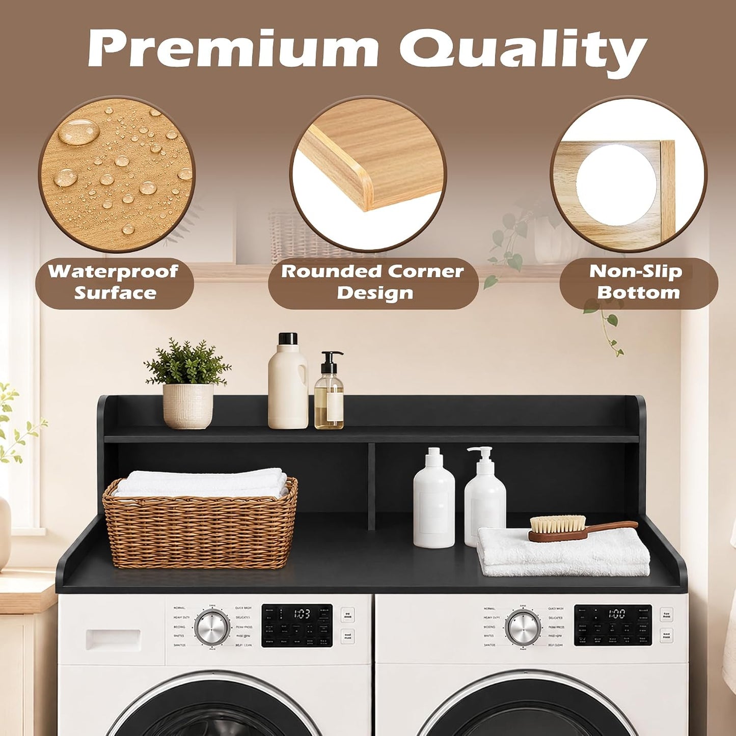 Royxen Laundry Countertop with 2-Tier Shelf Universal Fit, Washer and Dryer Countertop with Storage Space, Shelf Height 11.5 Inches, Solid Wood Core, Walnut