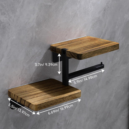 Rustic Farmhouse Toilet Paper Holder with Shelf - Farmhouse Bathroom Rustic Country Decor - Rustic Bathroom Accessories with Warm Brown Wood Shelf for Wipes&Cell Phone&Reading, Black Metal