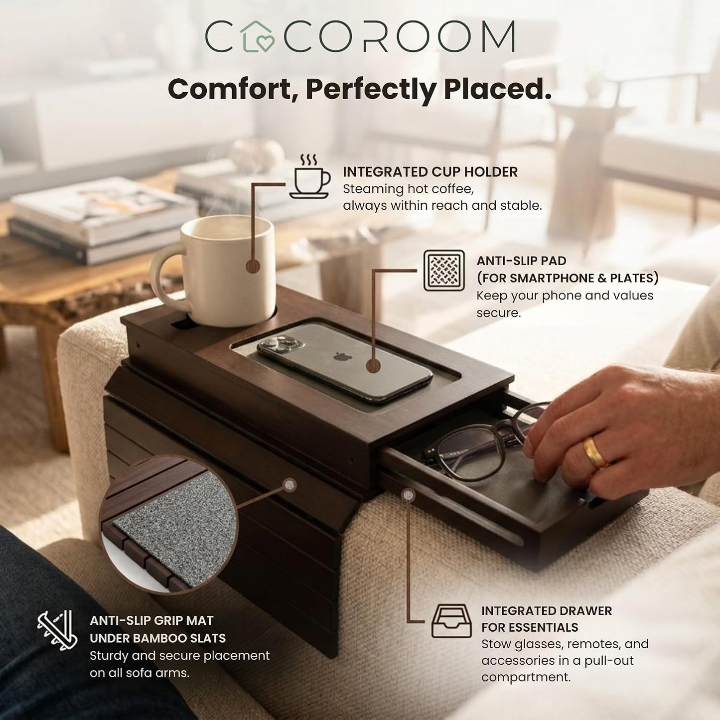 Sofa Arm Tray with Drawer, Bamboo Couch Armrest Table, Natural | Anti-slip phone pad | Wood finish | Hidden storage for remote, glasses, snacks | Fits armchair, recliner, chair, arm rests