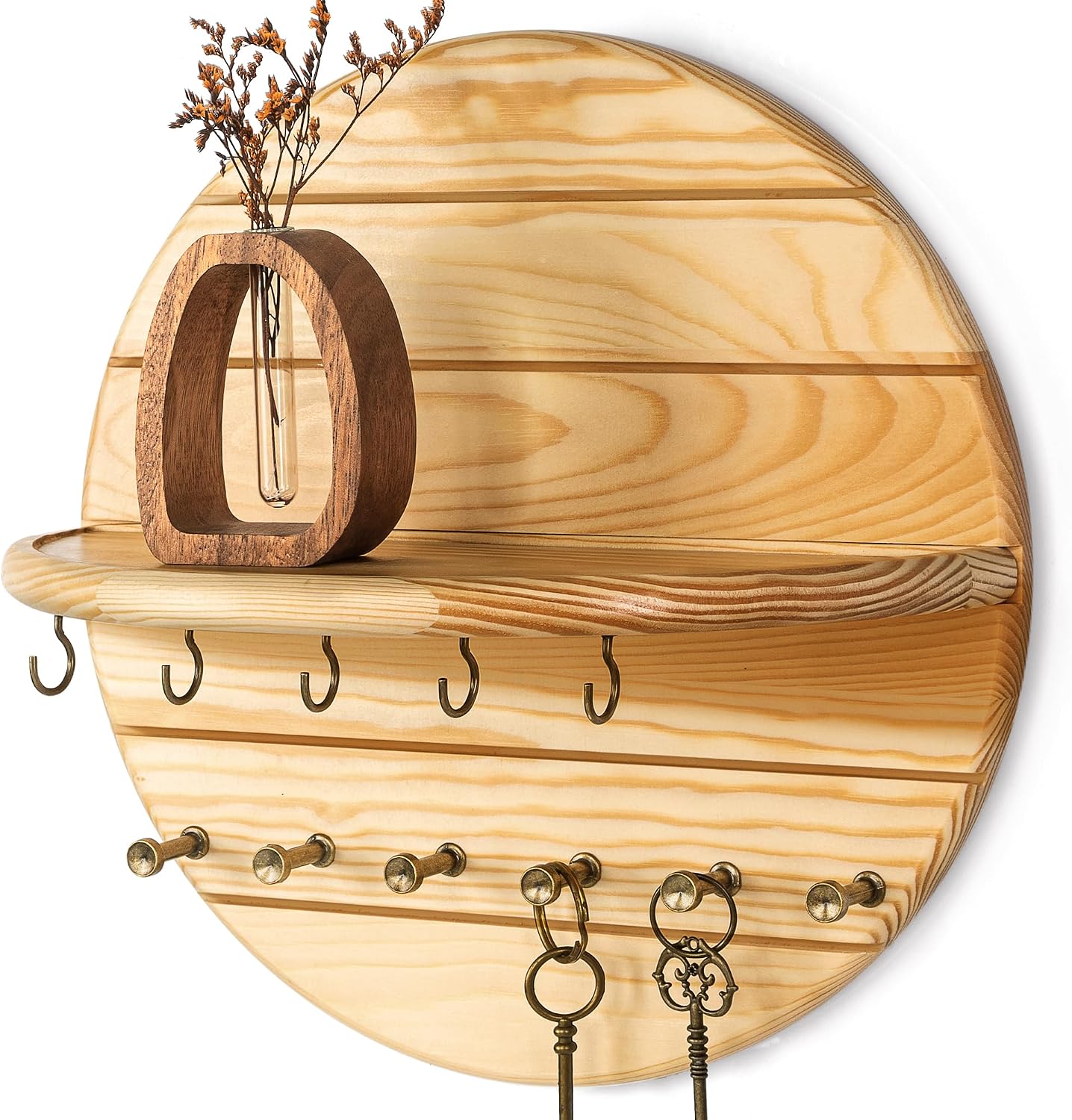 Rebee Vision Pine Wood Round Key Holder Wall Mount for Home Decor, Brown | Round Corner, Key Hooks for Dog leashes & Sunglasses, Display Shelf for Plant & Letters, Mail Organizer, Home Essentials
