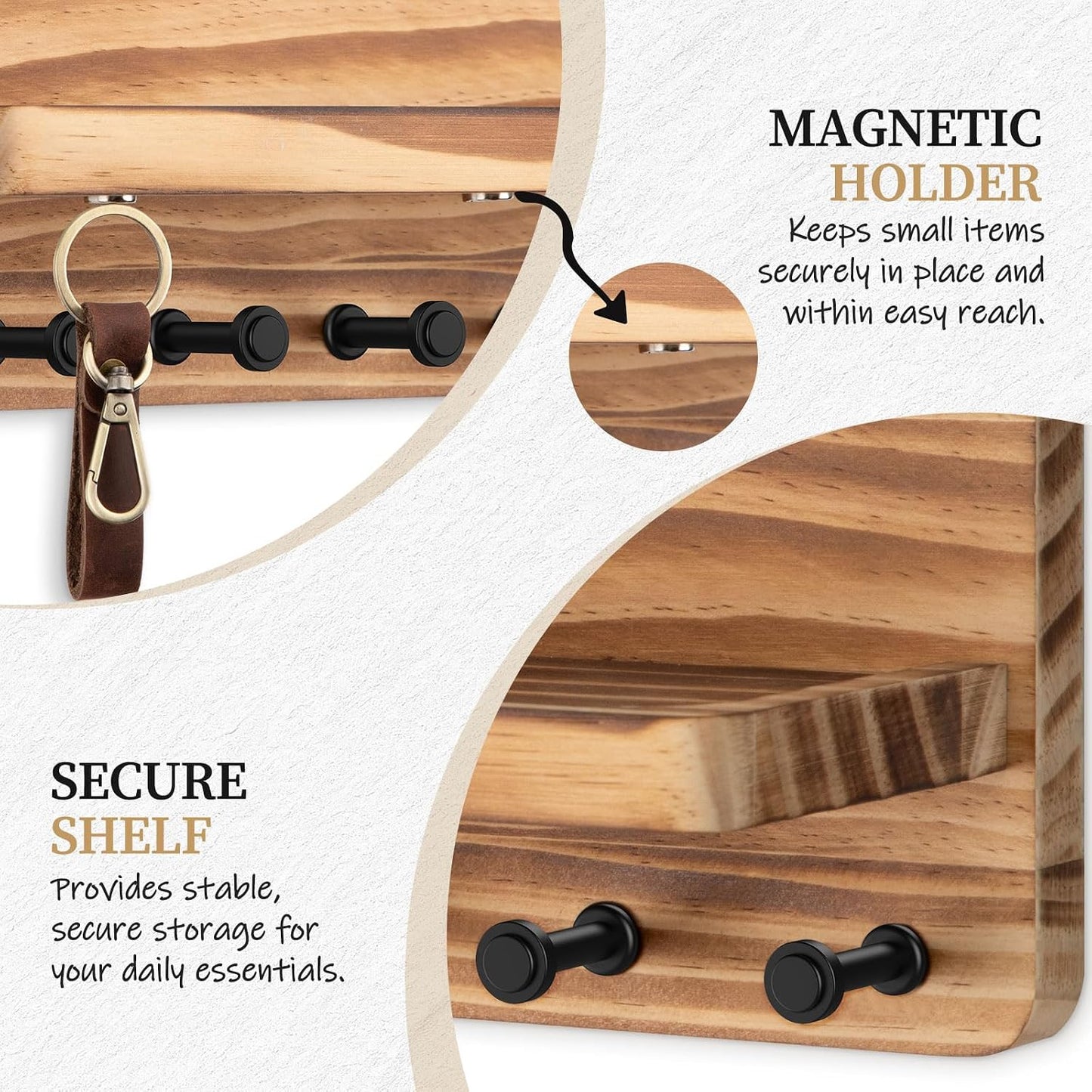 Nekon Key Holder for Wall with Shelf, Pine Wooden Key Hanger, Black | Small Wall Mounted Key Holder with 4 Hooks, Farmhouse Wall Organizer for Home Entryway & Apartment