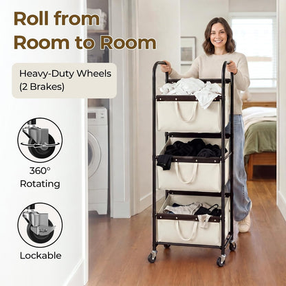 GRANNY SAYS 3 Tiered Laundry Sorter, Narrow Hamper Cart with Wheels | Sturdy 3 Section Laundry Basket with Wheels, Vertical Beige Hamper Cart for Bedroom, Bathroom, Apartment
