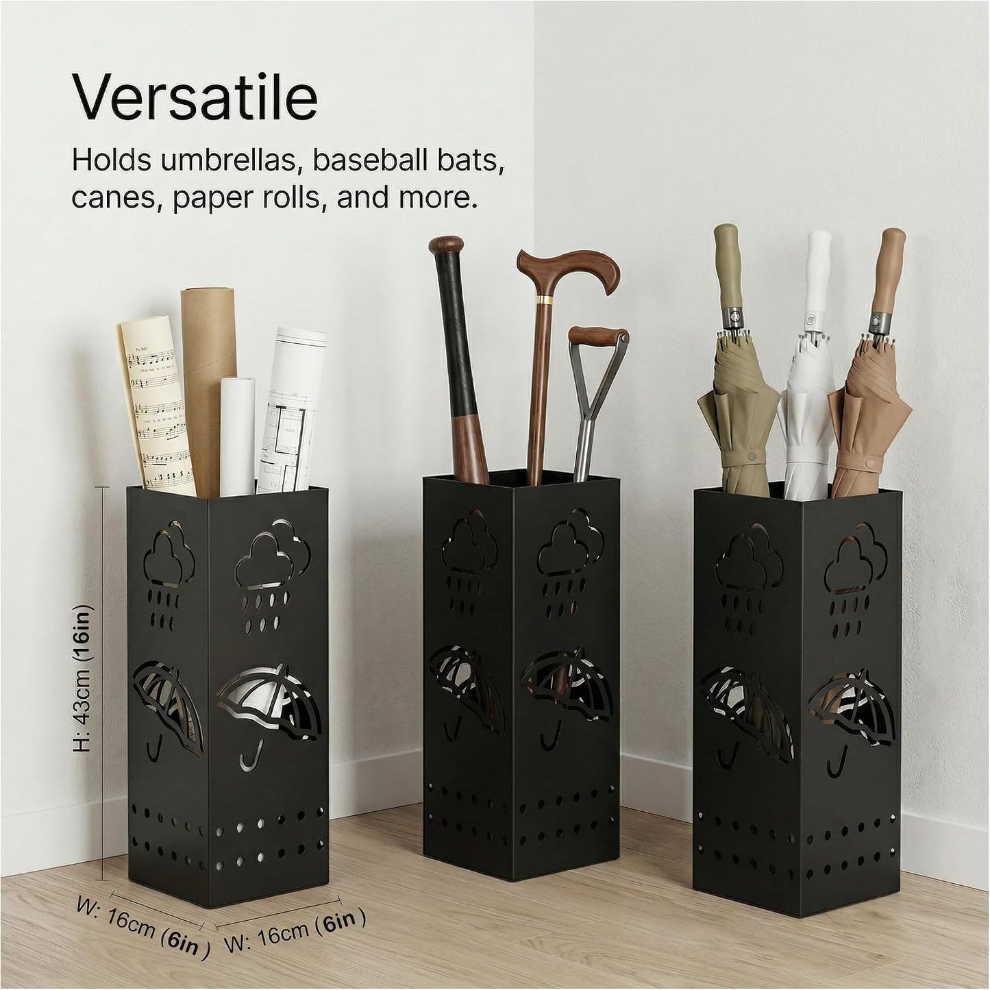 BEWBBAT Umbrella Stand Rack for Entryway, Black Square Metal Umbrella Holder, Free Standing Umbrella Storage Organizer Bin with for Home Office Hotel Decor, 6 x 6 x 17 Inch, Hold 6 Umbrellas