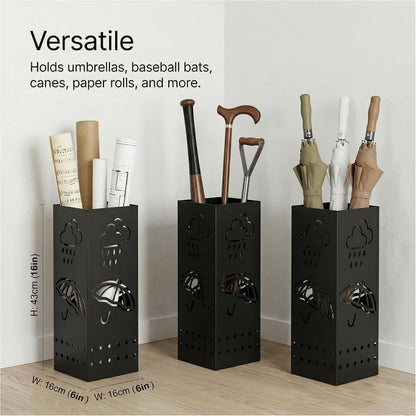 BEWBBAT Umbrella Stand Rack for Entryway, Black Square Metal Umbrella Holder, Free Standing Umbrella Storage Organizer Bin with for Home Office Hotel Decor, 6 x 6 x 17 Inch, Hold 6 Umbrellas