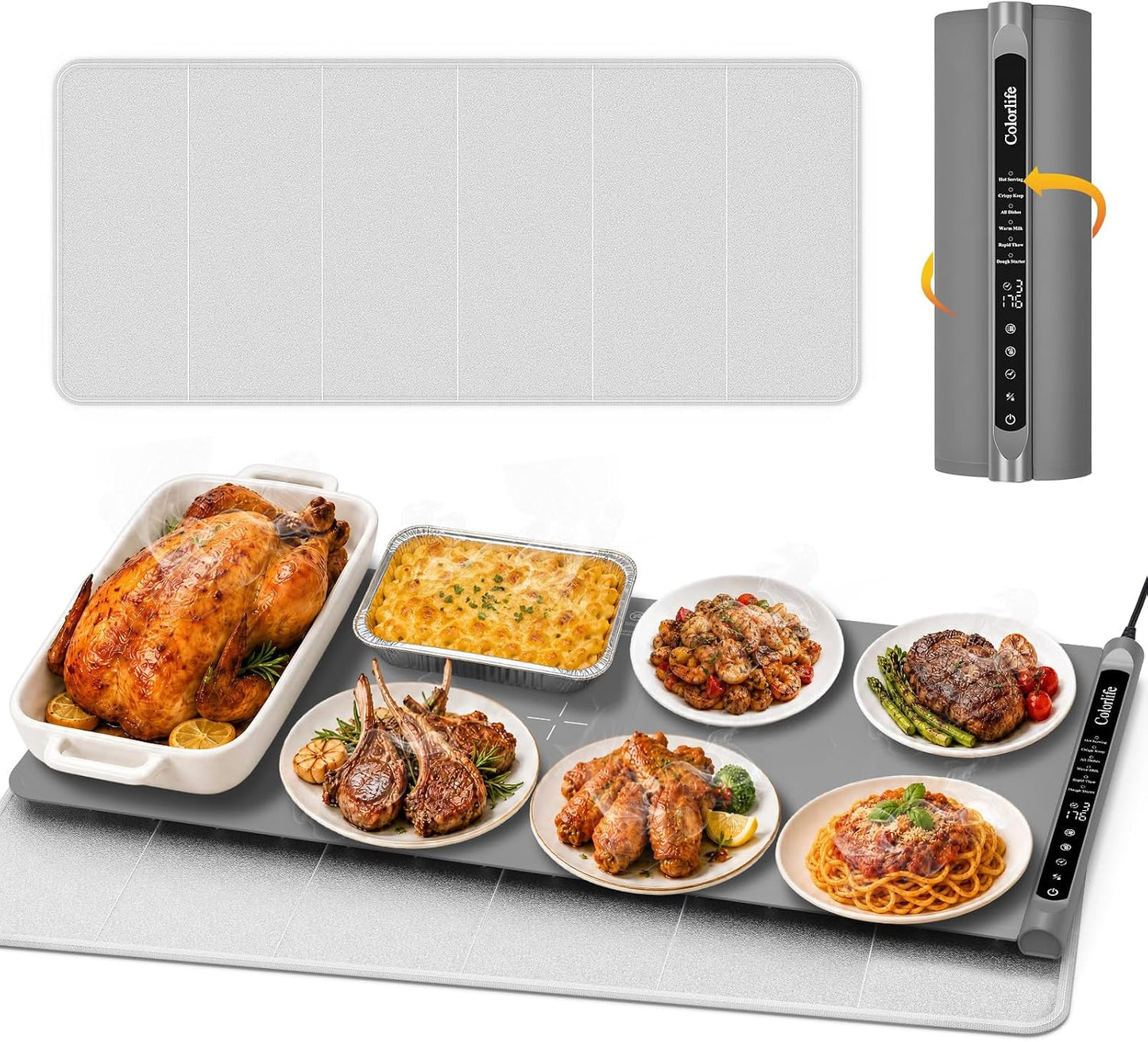 Warming Mat for Food, Electric Warming Tray with Heat-Resistant Pad-L Grey | Colorlife 6 Preset Modes, 7 Temps, 6H Timer, Child Lock, Auto-Memory, Rollable Silicone Food Warmer for Buffet, Parties