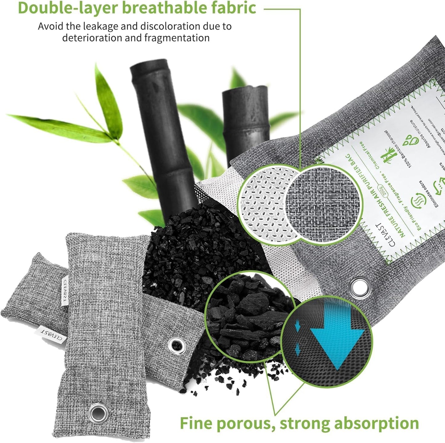 CLEVAST 14 Pack Activated Bamboo Charcoal Air Purifying Bags(2x200g, 12x50g), Natural Fresh Odor Absorber, Deodorizer and Moisture Eliminator, Air Purifier Bags for Home