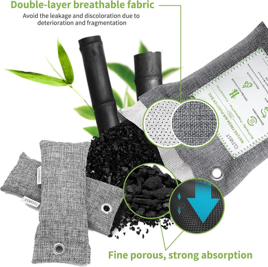 CLEVAST 14 Pack Activated Bamboo Charcoal Air Purifying Bags(2x200g, 12x50g), Natural Fresh Odor Absorber, Deodorizer and Moisture Eliminator, Air Purifier Bags for Home