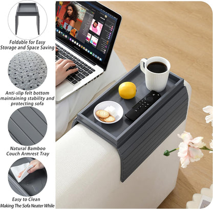 Bamboo Couch Arm Tray Table，Foldable Sofa Armrest Tray Table for Couch，Flexible and Anti-Slip Couch Arm Cup Holder，Portable Sofa Arm Chair Table for Drink,Cups, Eats，Snacks, Phone, Remote