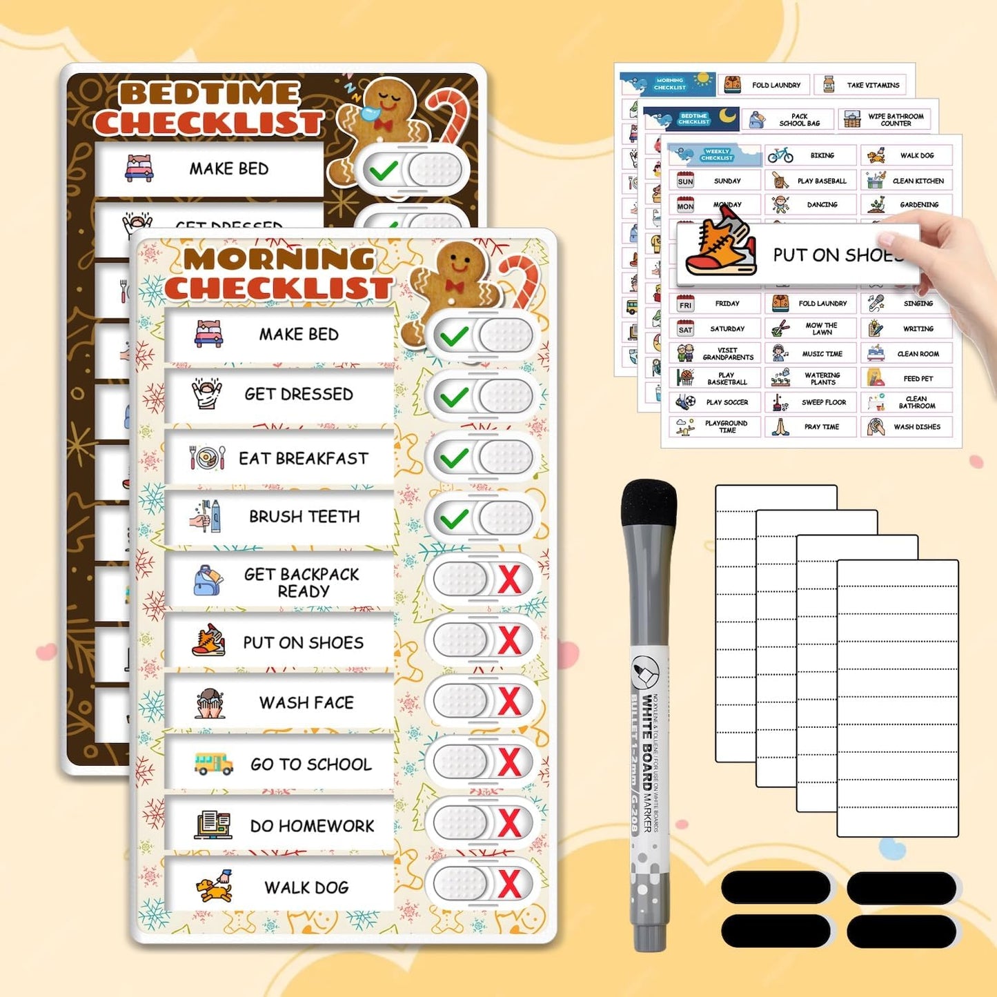 2 in 1 Upgraded Slider Gingerbread Chore Chart for Kids, Magnetic Kids Chore Chart for 2 Kids, Dry Erase Morning/Bedtime Routine Chart for Kids Toddlers Teens Adult, Visual Schedule for Kid