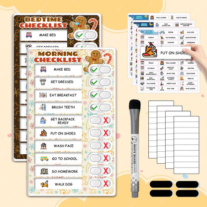 2 in 1 Upgraded Slider Gingerbread Chore Chart for Kids, Magnetic Kids Chore Chart for 2 Kids, Dry Erase Morning/Bedtime Routine Chart for Kids Toddlers Teens Adult, Visual Schedule for Kid