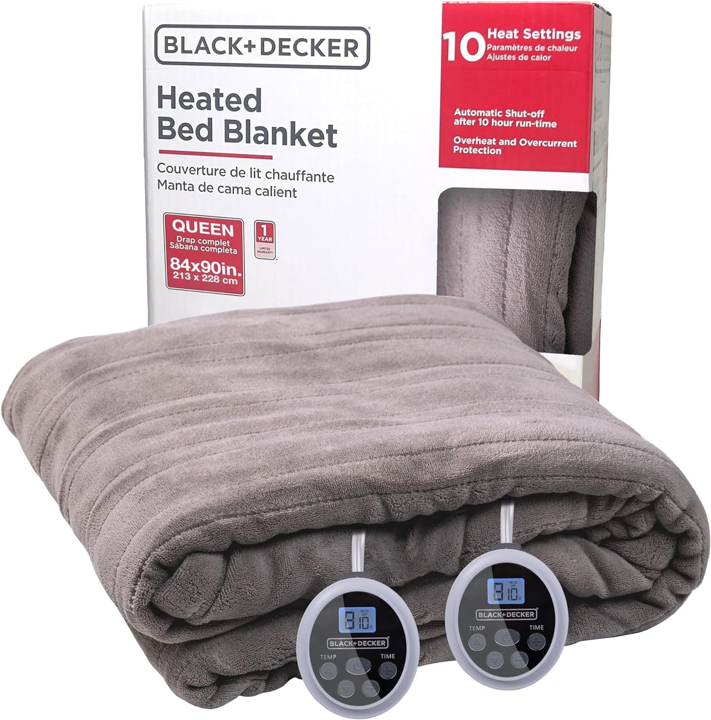 Black+Decker Heated Blanket Electric Throw, Fleece Electric Blanket, Heating Blanket with 4 Heating Levels, 3H Timer, Auto Shutoff, Fast Heating (50x60 inches, Grey)