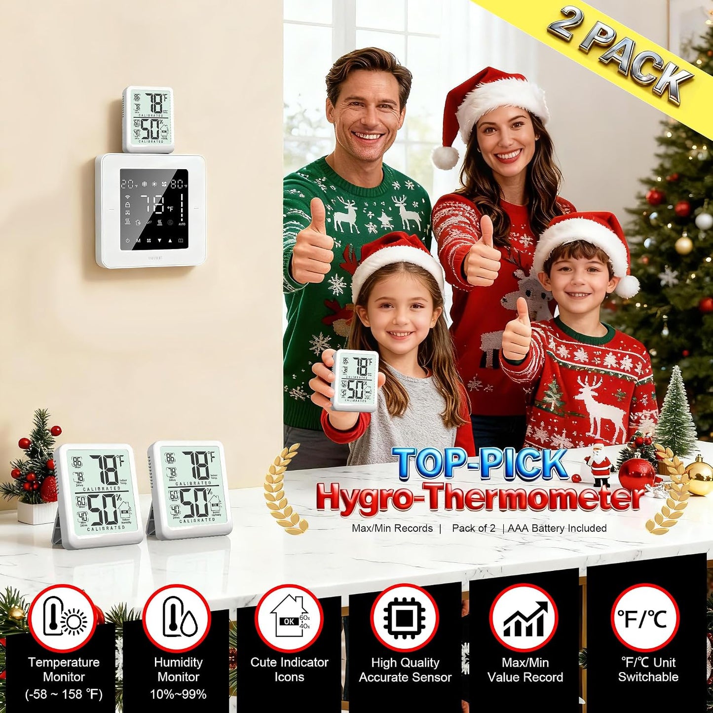 2 Pack Room Thermometer Indoor Hygrometer with Max/Min Record | W/ Battery, 24h Max/Min Record, Accurate Sensor, Fast Refresh, Easy to View, ℉/℃, Durable Kickstand, Compact, for Home Office