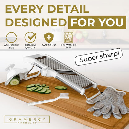 Gramercy Adjustable Mandoline Food Slicer, Mandoline Slicer for Kitchen, Mandolin, Potato, Tomato, Carrot, Vegetable, Fruit and Onion Cutter, Stainless Steel, INCLUDING Cut-Resistant Gloves, Black PRO