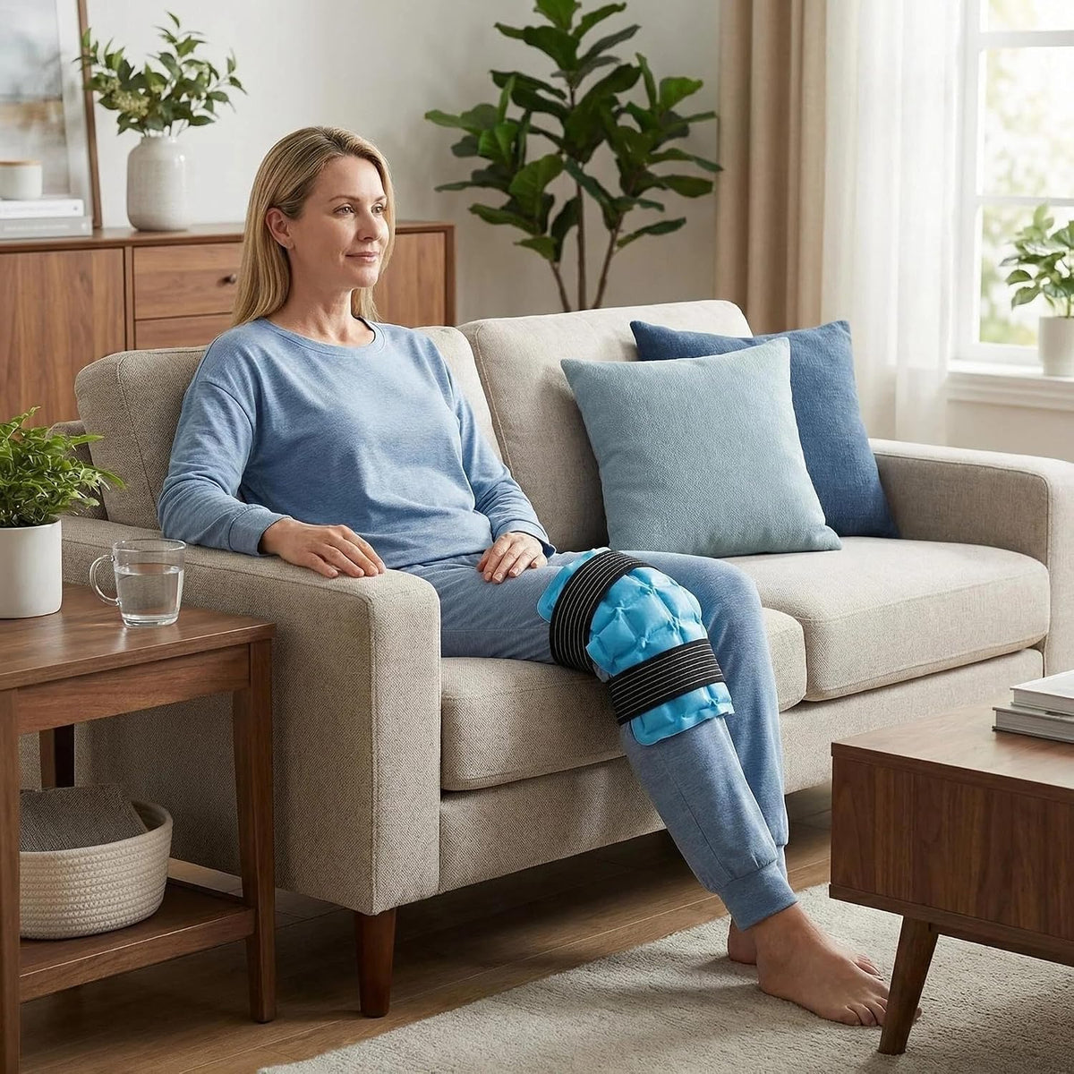 WORLD-BIO Ice Packs for Injuries Reusable, Knee Ice Pack Wrap with Straps, Gel Ice Wrap for Leg Pain Relief, Hot & Cold Compress Therap for Swelling, Water Soak Needed, Light Blue, 1Pack