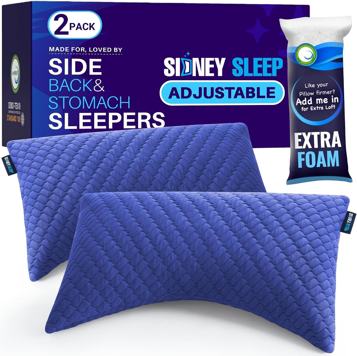 Sidney Sleep Adjustable Curved Pillows for Neck and Shoulder Support with Extra Shredded Fill - Cervical Contour Pillow for Side and Back Sleepers - Queen Size 19" x 29" CertiPUR-US Certified (White)